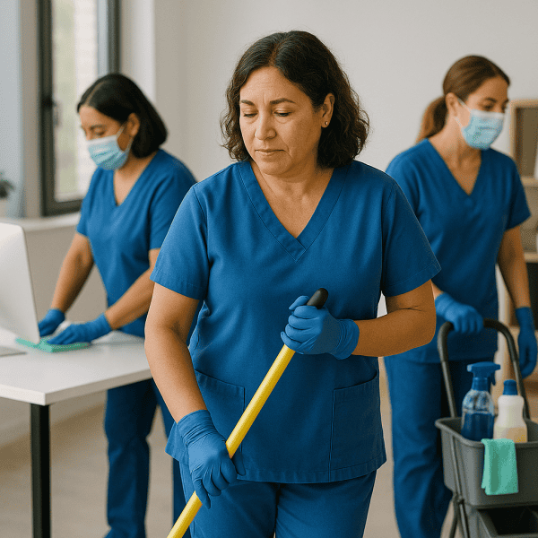 Limpieza especializada en un entorno de oficina con personal femenino en uniforme azul y mascarilla.