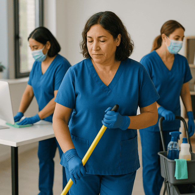 Limpieza especializada en un entorno de oficina con personal femenino en uniforme azul y mascarilla.