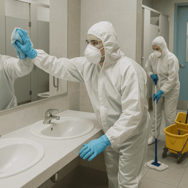 Personal de limpieza en proceso de desinfección en un baño público.