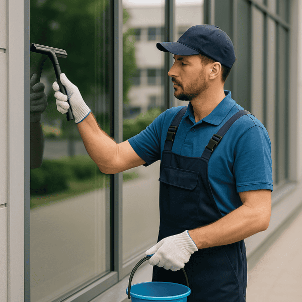 Limpieza profesional de ventanas tras obras de construcción en edificios comerciales y residenciales.
