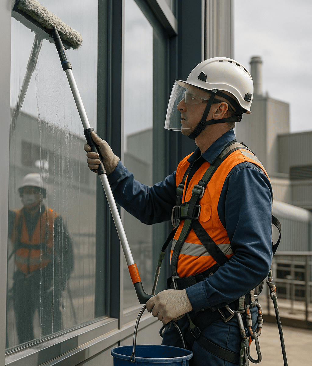 Personal especializado limpiando ventanas en altura con equipo de seguridad.