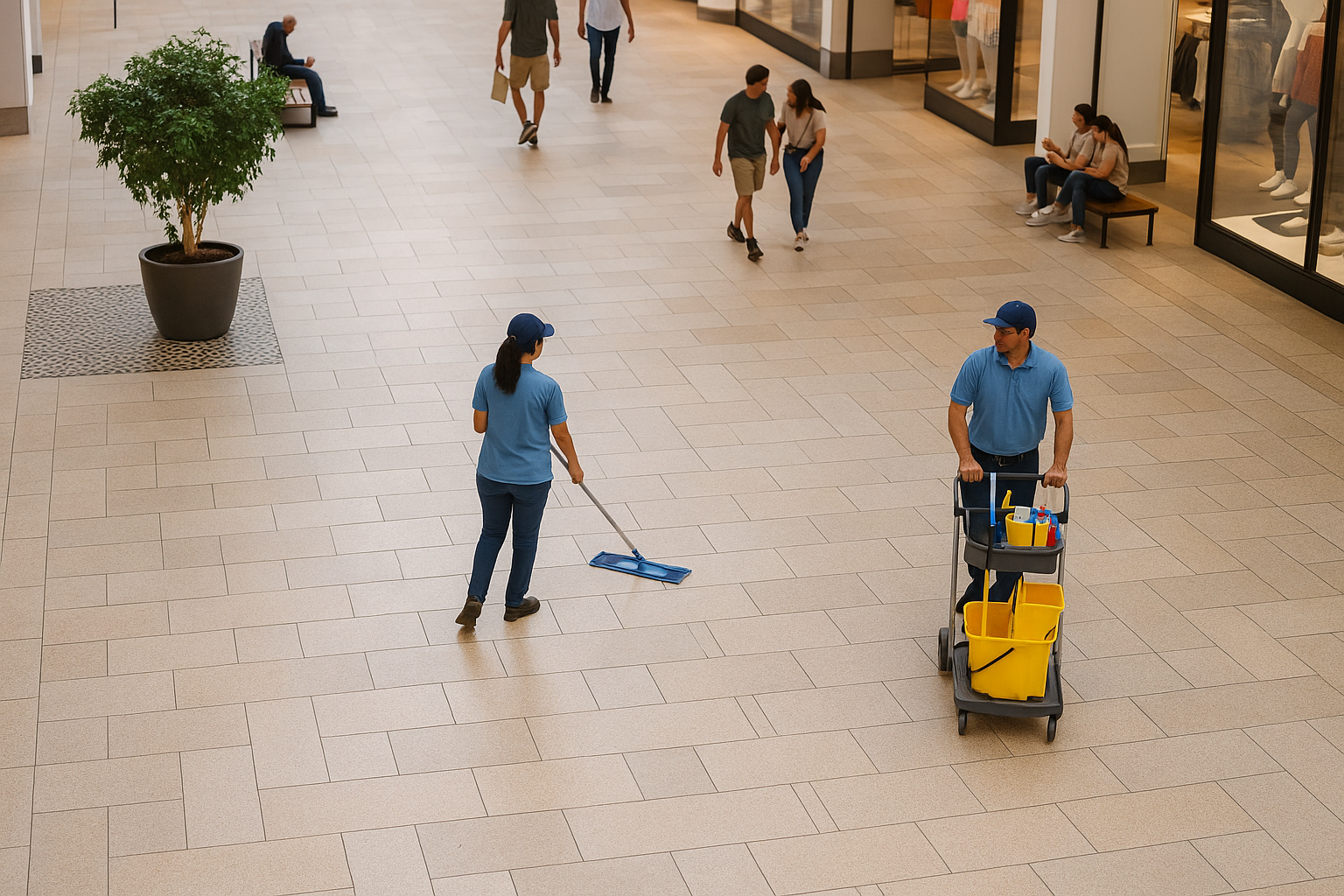 Trabajadora de SELM realizando limpieza en tienda comercial en México