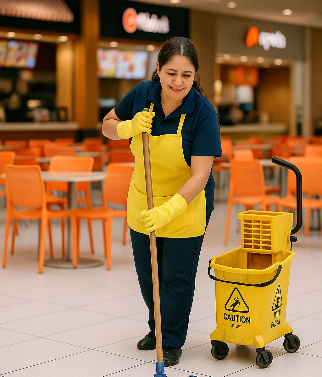 Trabajadora de SELM realizando limpieza ny mantenimiento en tiendas y plazas comerciales en México