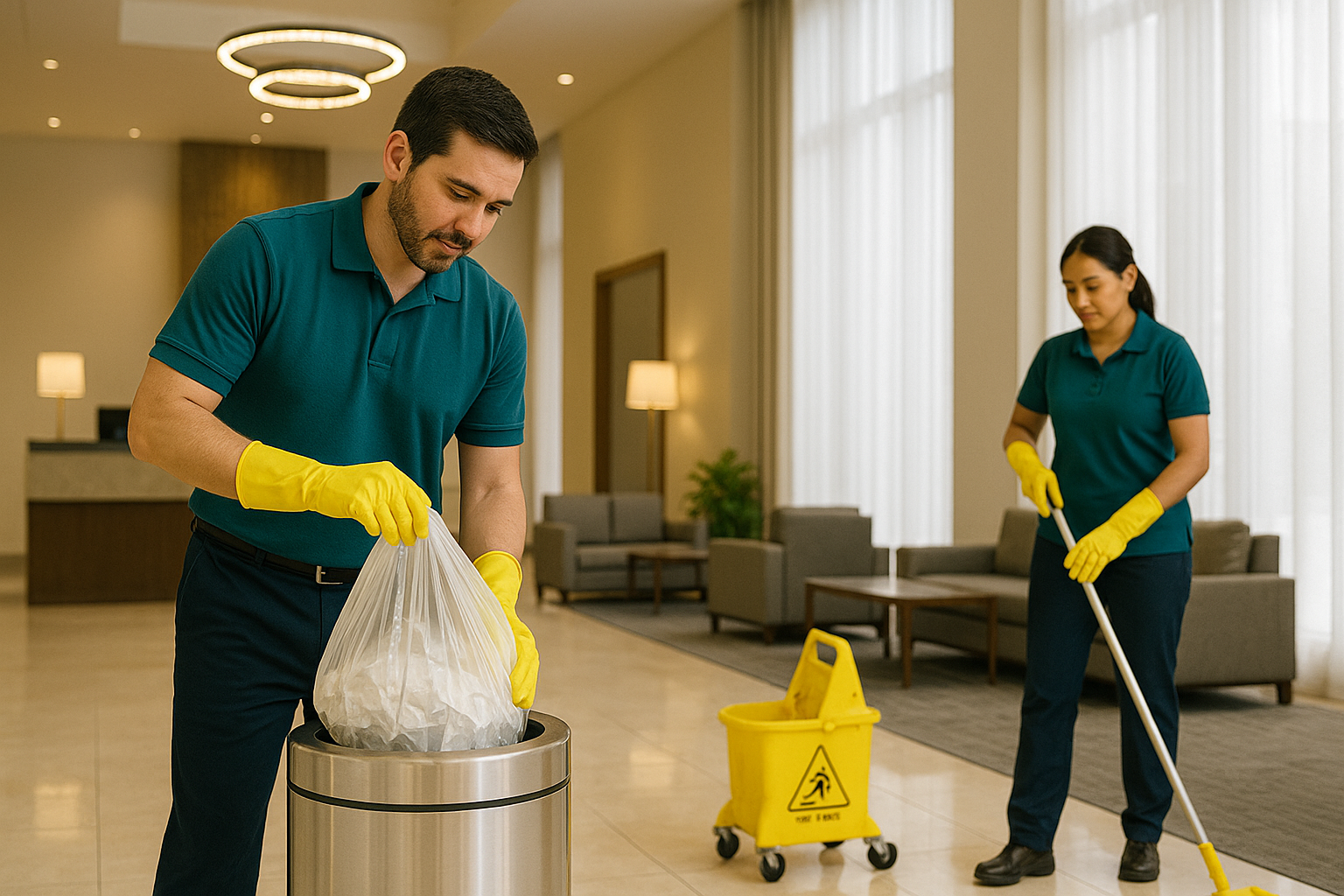 Personal uniformado prestando servicios de Limpieza, aseo y mantenimiento para oficinas de la industria hotelera, aeroportuaria, escolar, hospitalaria y de servicios en general.