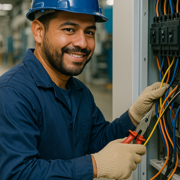 Electricista de SELM realizando limpieza y mantenimiento industrial en planta de manufactura en México